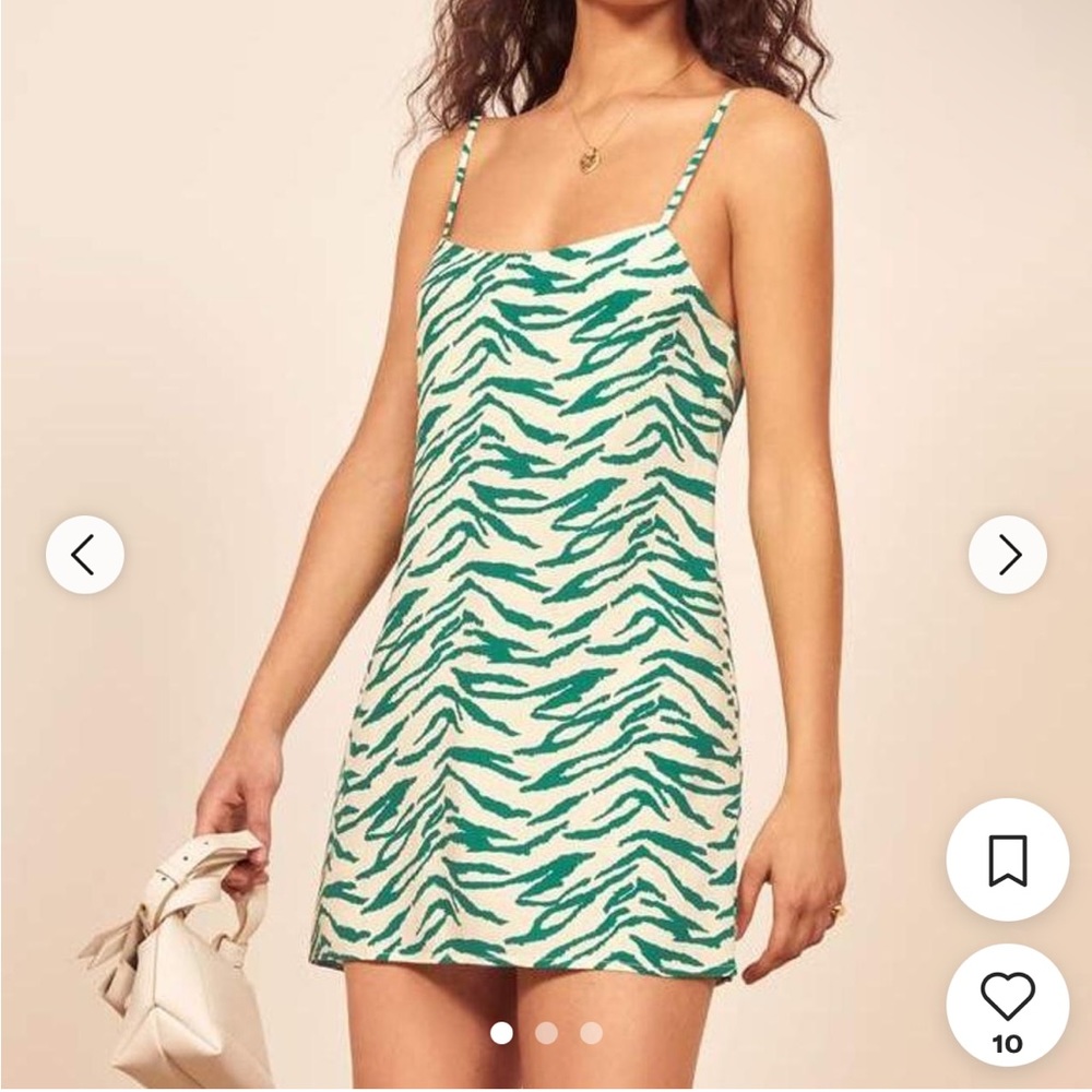 Reformation Green and Cream Animal Print Mini Adjustable Strap Slip Dress - 2